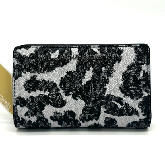 Michael Kors Medium Empire Leopard Logo Snap ZA Wallet Black Multi - Picture 1 of 10